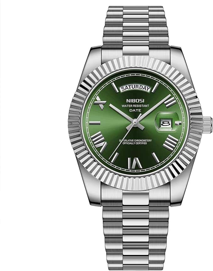 The Nibosi Classic Day Date Watch 2628 features a silver metallic strap, green dial with Roman numerals, date and day display, and displays "NIBOSI" and "Water Resistant" on the face.