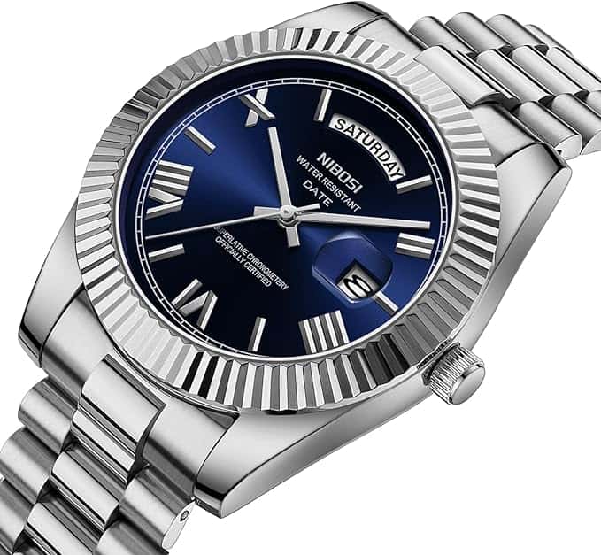 Nibosi Classic Day Date Watch 2628 Steel and Midnight Blue Face - Image 3
