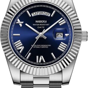 The Nibosi Classic Day Date Watch 2628 features a steel strap, midnight blue face with Roman numerals, day and date display, ridged bezel, silver hands, and water resistance indicated on the dial.
