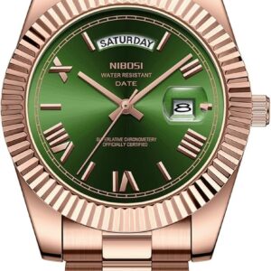 The Nibosi Classic Day Date Watch 2628 features a rose gold metallic strap, green dial with Roman numerals, date window at 3 o'clock, day display at the top, and prominent NIBOSI branding.