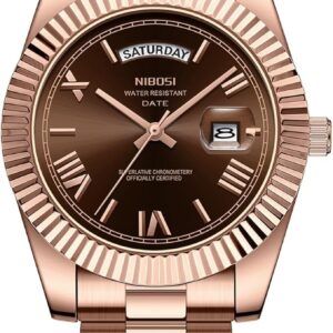 The Nibosi Classic Day Date Watch 2628 features a rose gold case, brown dial with Roman numerals and three hands. It displays the day at the top, date at 3 o’clock, and “NIBOSI” beneath the day display.