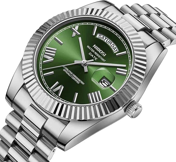 Nibosi Classic Day Date Watch 2628 Steel and Green Face - Image 5