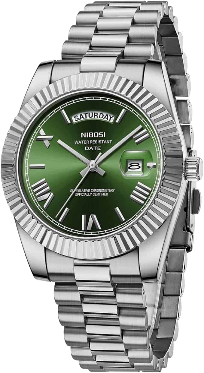 Nibosi Classic Day Date Watch 2628 Steel and Green Face - Image 4