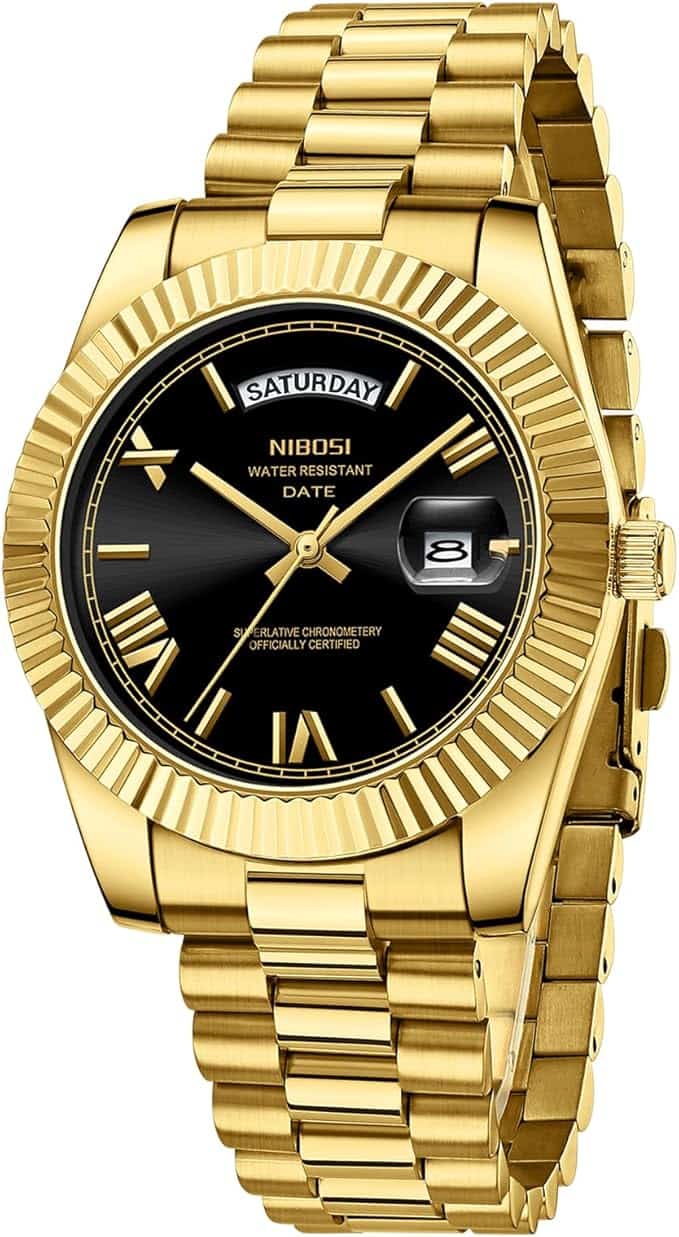 Nibosi Classic Day Date Watch 2628 Yellow Gold and Black Face - Image 2