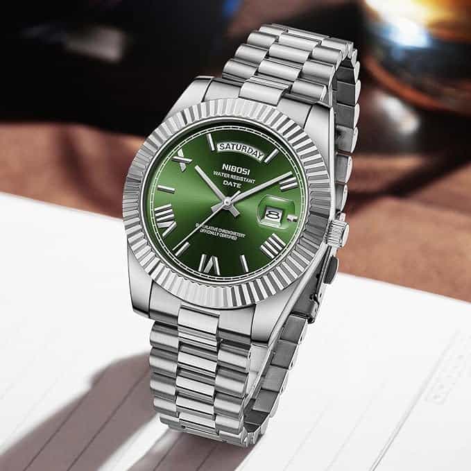 Nibosi Classic Day Date Watch 2628 Steel and Green Face - Image 3