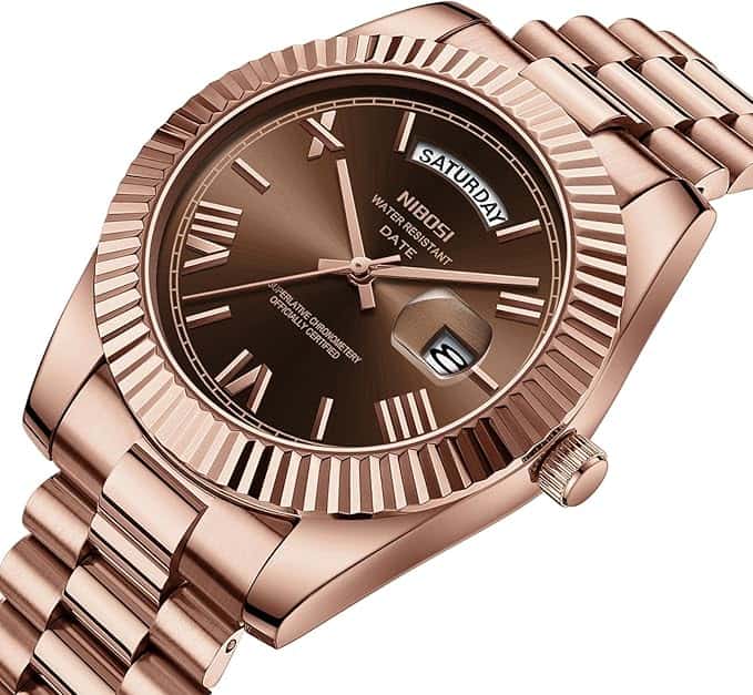 Nibosi Classic Day Date Watch 2628 Rose Gold and Brown Face - Image 5