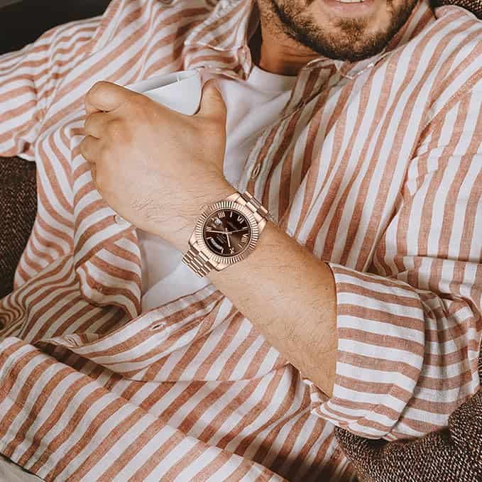 Nibosi Classic Day Date Watch 2628 Rose Gold and Brown Face - Image 4
