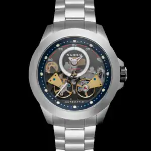The NUBEO VOYAGER AUTOMATIC Space Blue NB-6013-33 wristwatch features a metallic strap, exposed mechanical gears, and a transparent face revealing its intricate inner workings against a black background.