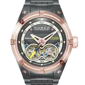 The NUBEO GALILEO AUTOMATIC LIMITED EDITION GOLD GRANITE GOLD NB-6070-55 features a metallic strap, rose gold bezel, black textured dial with visible gears, bold hour markers, and "LIMITED EDITION" displayed at the bottom. Pay later in three with KLARNA.