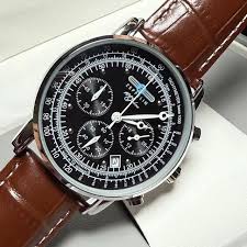 The Zeppelin Airship Commemorative Version Men's Watch 2025, featuring a black dial with multiple sub-dials, white markings, and a brown leather strap, is displayed on a white surface.