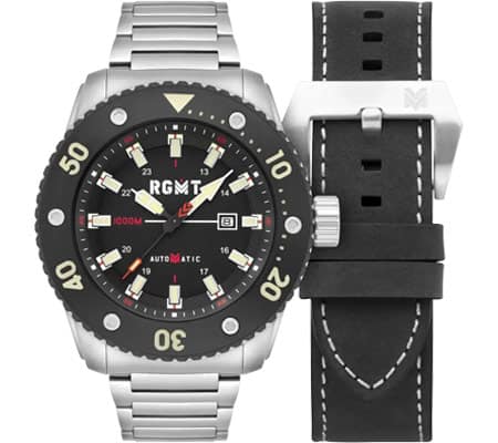 A silver RGMT wristwatch with a black rotating bezel, black dial, date display, and red accents, shown alongside a black leather strap with white stitching and a silver buckle.