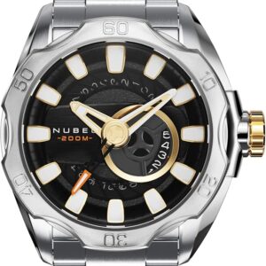 The Nubeo Mariner Men’s Japanese Automatic 47mm Watch (NB-6020-33) features a silver stainless steel bracelet, black and gold dial with luminous hands/markers, rotating bezel, and “200M” on the dial. Pay interest-free with PayPal or Klarna.