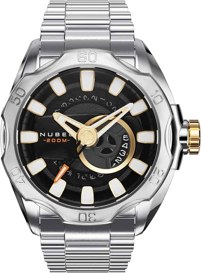 The Nubeo Mariner Men’s Japanese Automatic 47mm Watch (NB-6020-33) features a silver stainless steel bracelet, black and gold dial with luminous hands/markers, rotating bezel, and “200M” on the dial. Pay interest-free with PayPal or Klarna.