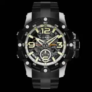 The Nubeo Curiosity Automatic SPATIAL BLACK NB-6045-01 features a rugged black and silver design with a large round face, exposed gears, luminous hands and numbers, and a black rubber strap, shown on a solid black background. Pay in three with Klarna.