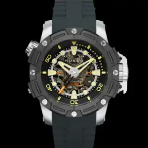 The Nubeo CURIOSITY SKELETON AUTOMATIC Pebble NB-6050-02 is a rugged sports watch in black and silver, featuring a large round face with yellow and white markers, visible automatic movement, and a thick black strap against a solid black background.