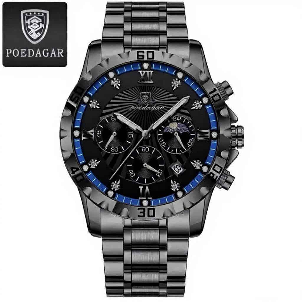 POEDAGAR Riegnmasier Military Watch - Silver Steel/Black - Image 2