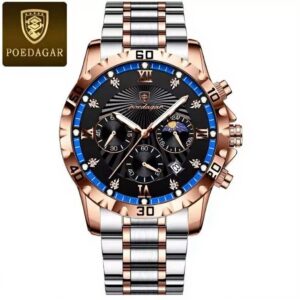 The POEDAGAR Riegnmasier Military Watch features a rose gold and blue design, metal strap, black and blue bezel, multiple sub-dials, date display, and diamond-like hour markers. The Poedagar logo is at the top left.