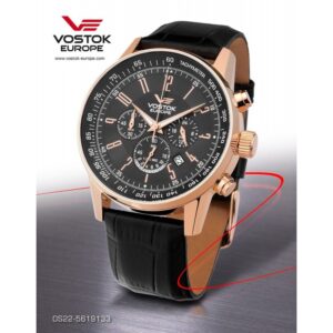 The Vostok Europe Gaz-14 Limousine Chrono OS22-5619133 features a black leather strap, rose gold case, black multi-subdial dial with tachymeter and date display, set against a gradient background with red accent. Pay in three with Klarna.