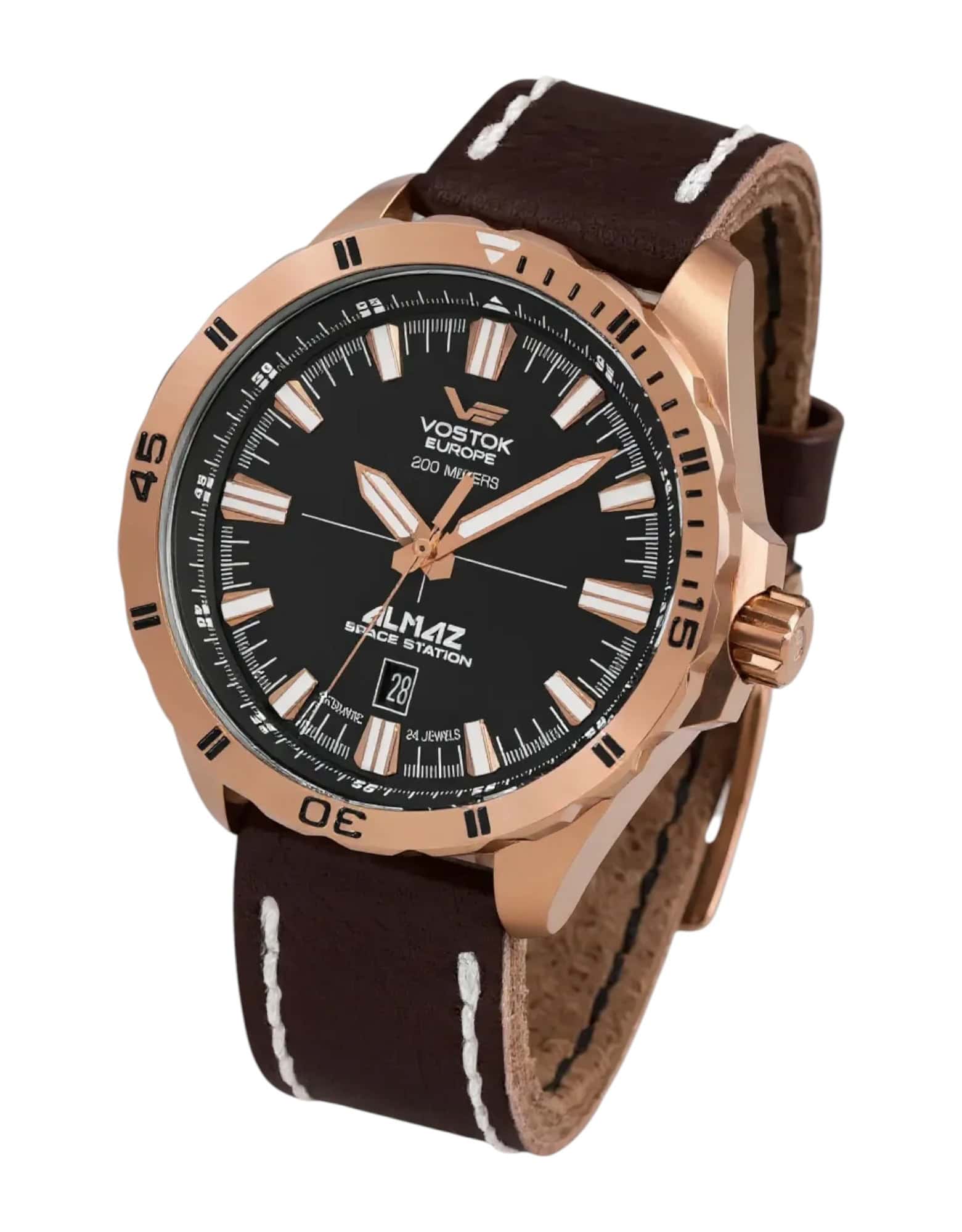 The Vostok Europe Almaz Automatic Line NH35A/320B259 features a rose gold case, black dial with white hour markers, a date display at 6 o’clock, and a brown leather strap accented with white stitching.