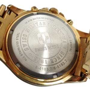 Close-up of the back of a Swiss Military Hanowa Flagship Chrono Sapphire 06-4183.7/6-51837 watch, showing engraved details like SWISS MADE, SINCE 1963, and water resistance information.