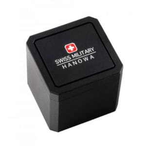 A black, octagonal box with hinged lid for the Swiss Military Hanowa Flagship Chrono Sapphire 06-4183.7/6-51837, featuring the brand’s logo and white cross emblem on top.