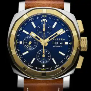 The Panzera AQUAMARINE 45C-03 A45C-03BL2 is a stylish wristwatch with a blue and gold face, three sub-dials, brown leather strap, gold accents, date and day display, and "PANZERA" branding on the dial.