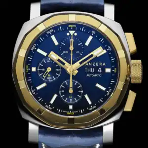 The Panzera AQUAMARINE 45C-03 A45C-03BL2 is a luxury wristwatch with a blue face, gold bezel, and blue leather strap. It features day, date, three sub-dials, gold hour markers and hands, and the MANZERA brand on the dial.