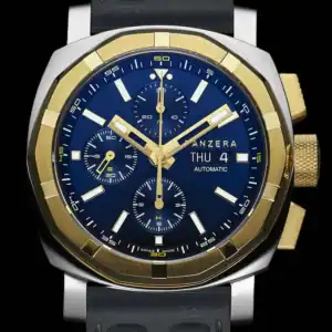 The Panzera AQUAMARINE 45C-03 A45C-03BL2 is a luxury wristwatch with a black strap, gold bezel, blue dial, three sub-dials, date and day display, gold markers and hands, and the Panzera brand name on the watch face.