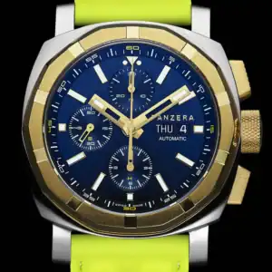 The Panzera AQUAMARINE 45C-03 A45C-03BL2 is a stylish wristwatch with a blue dial, gold accents, three sub-dials, day-date display, silver and gold case, and bright yellow-green silicone strap set against a black background.