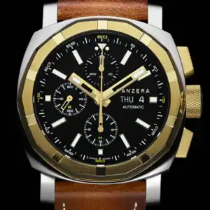 The Panzera AQUAMARINE 45C-03 A45C-03BL2 is a luxury wristwatch featuring a brown leather strap, gold and silver case, black dial with three sub-dials, gold hands, and white hour markers. It displays the day and date.
