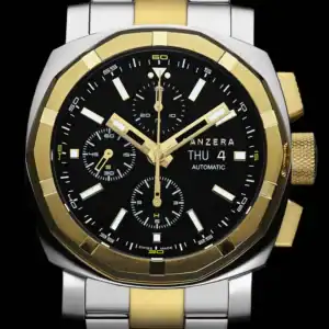 A close-up of the Panzera AQUAMARINE 45C-03 A45C-03BL2 luxury wristwatch, featuring a black and gold face with three subdials, date and day display, and a two-tone silver and gold metal strap against a black background.