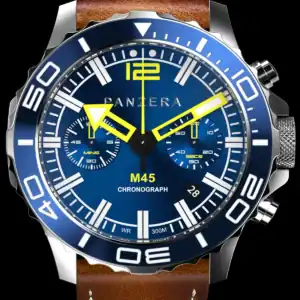 The PANZERA Ambassador - GT4 racing driver Lachlan Robinson is a silver chronograph with a blue dial, yellow hands, brown leather strap, white markings, date at 4 o’clock, subdials at 3 and 9 o’clock, and a dive-marked bezel.