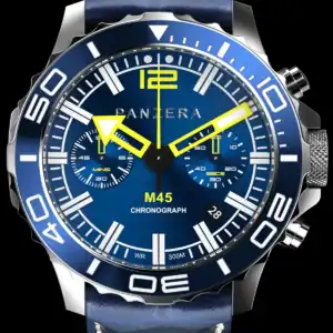 A luxury blue-faced chronograph wristwatch with stainless steel case, blue bezel, yellow hands, two sub-dials, date display, and blue leather strap: the PANZERA Ambassador - GT4 racing driver Lachlan Robinson model.