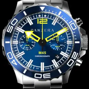 The PANZERA Ambassador, designed for GT4 racing driver Lachlan Robinson, features a stainless steel case, blue dial, bold white markers, yellow hands, two sub-dials, and a date window at 4 o'clock against a black background.