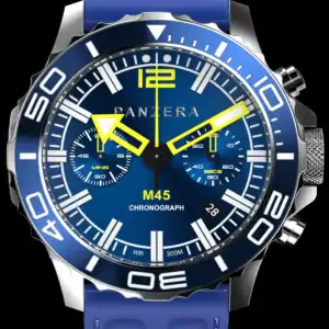 A sporty PANZERA Ambassador GT4 racing driver Lachlan Robinson chronograph watch with a blue dial, yellow hands, silver bezel, blue silicone strap, white hour markers, subdials, and date display.