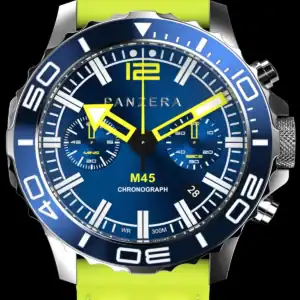 The PANZERA Ambassador GT4 Lachlan Robinson is a silver chronograph with a blue face, yellow hands, bold white numbers, subdials, bright yellow strap, “PANZERA Ambassador - GT4” branding, and a bezel marked for diving.