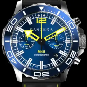 A close-up of a PANZERA Ambassador GT4 racing driver Lachlan Robinson chronograph, featuring a blue dial, bold yellow hands, white markers, and a black rubber strap with yellow stitching, plus sub-dials and date window.