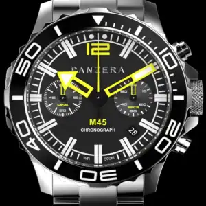 The PANZERA Ambassador - GT4 racing driver Lachlan Robinson is a stainless steel chronograph with black bezel, yellow hand accents, two sub-dials, date at 4 o’clock, and metal bracelet, shown against a black background.