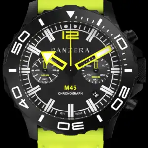 The PANZERA Ambassador - GT4 racing driver Lachlan Robinson features a black chronograph dial with neon yellow strap, bold white markers, yellow hands, subdials, date window, and "RANGERA M45 CHRONOGRAPH" text.
