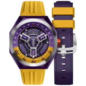 The NUBEO SKYLAB AUTOMATIC LIMITED EDITION Indigo NB-6083-0H features a hexagonal face, intricate dial details, yellow bezel, and coordinating purple strap with yellow accents. The "Nubeo" brand is displayed on its stylish purple and yellow design.