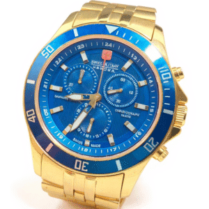 The Swiss Military Hanowa Flagship Chrono Sapphire 06-4183.7/6-51837 is a gold wristwatch with a metallic blue face, three sub-dials, white markers, a blue bezel with minute indicators, and two pushers plus a crown on the right.