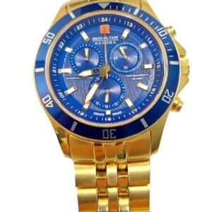 The Swiss Military Hanowa Flagship Chrono Sapphire 06-4183.7/6-51837 is a gold wristwatch with a blue bezel and dial, three subdials, a Swiss Military Hanowa logo, and a polished linked metallic strap.